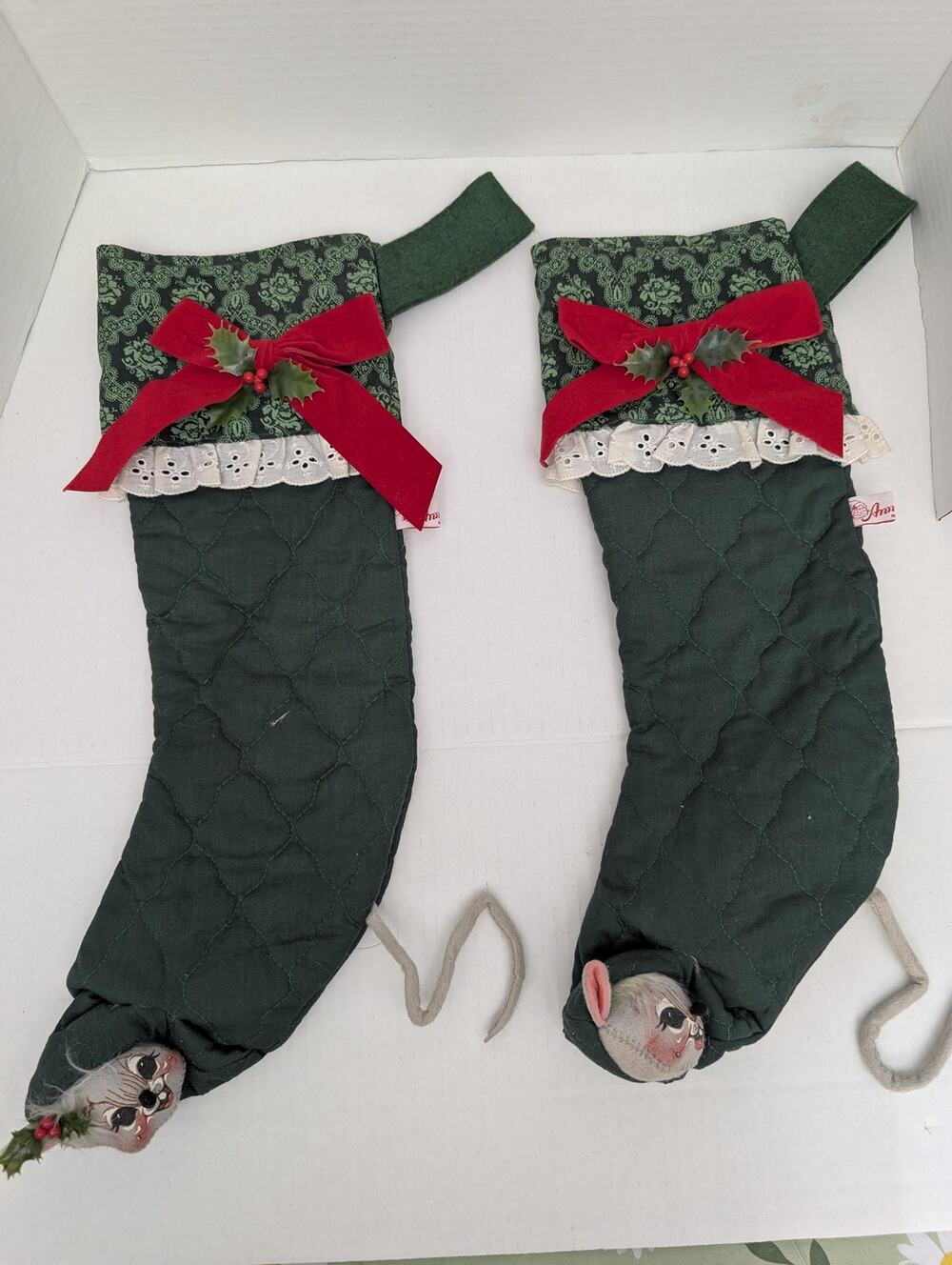 Vintage 1991 Annalee Christmas Stockings Lot of 2 Quilted Green Felt Mice